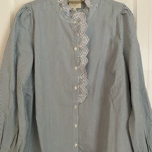 New with tags NWT blue pinstripe Sezane Chlo ruffle shirt, 44 or 12 US